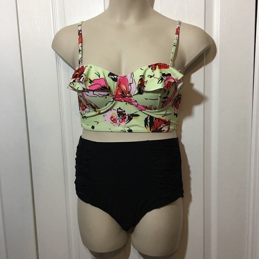 Floral Long Line‎ Bra Top Two Piece Swimsuit